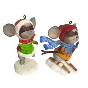 Vintage Christmas Mouse Skier Skating Figures Ornaments Set Tree Decor Retro